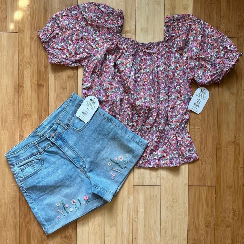 NWT- Flowery top with Blue jeans shorts Size L(10-12)